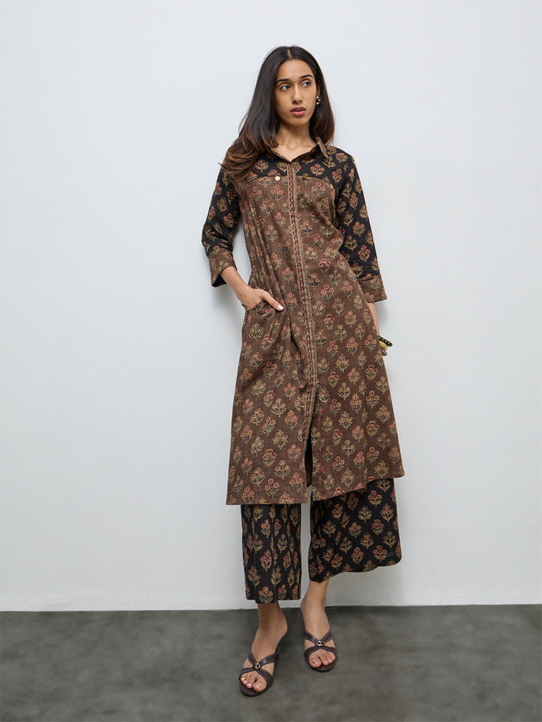 Utsa Taupe Botanical Design Cotton A-Line Kurta