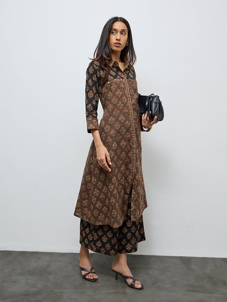 Utsa Taupe Botanical Design Cotton A-Line Kurta