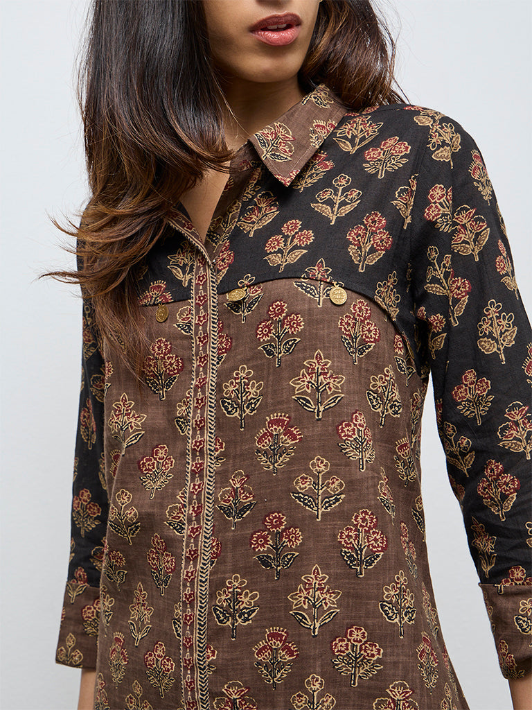 Utsa Taupe Botanical Design Cotton A-Line Kurta