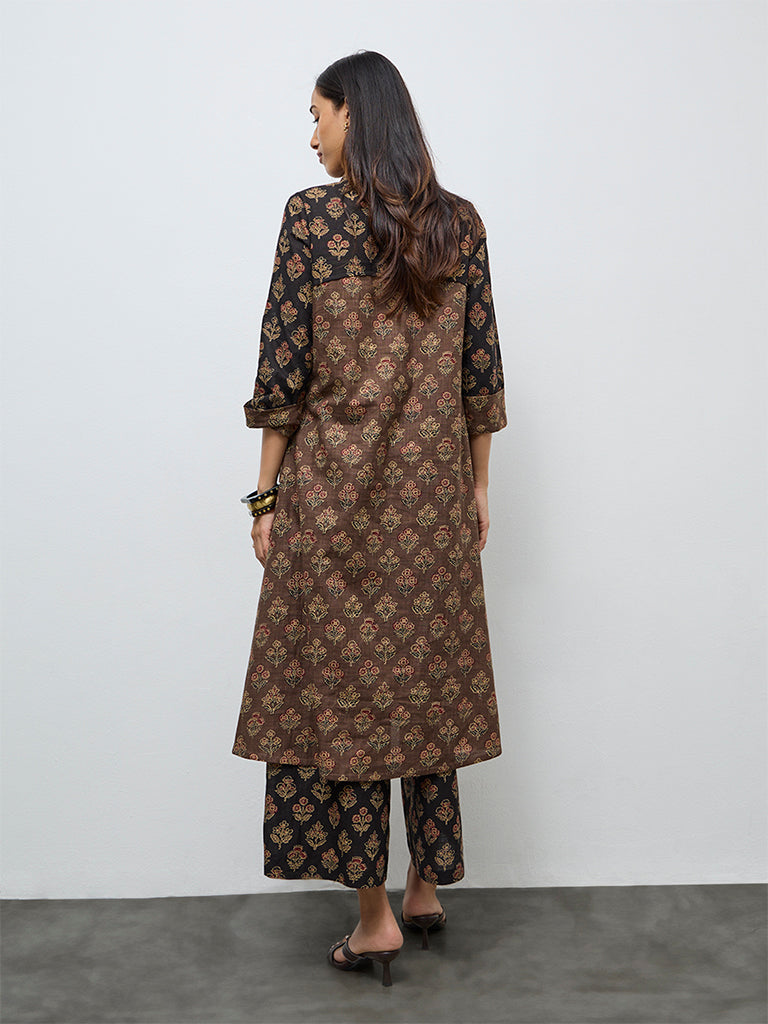 Utsa Taupe Botanical Design Cotton A-Line Kurta