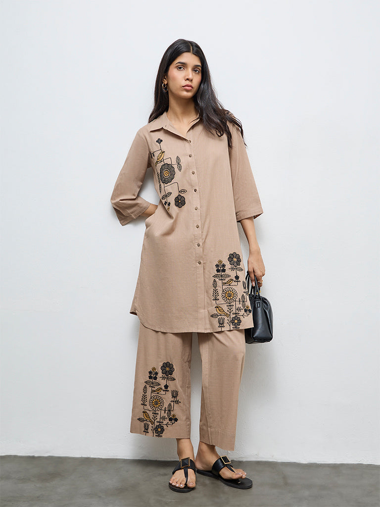 Utsa Taupe Embroidered A-Line Cotton Kurta