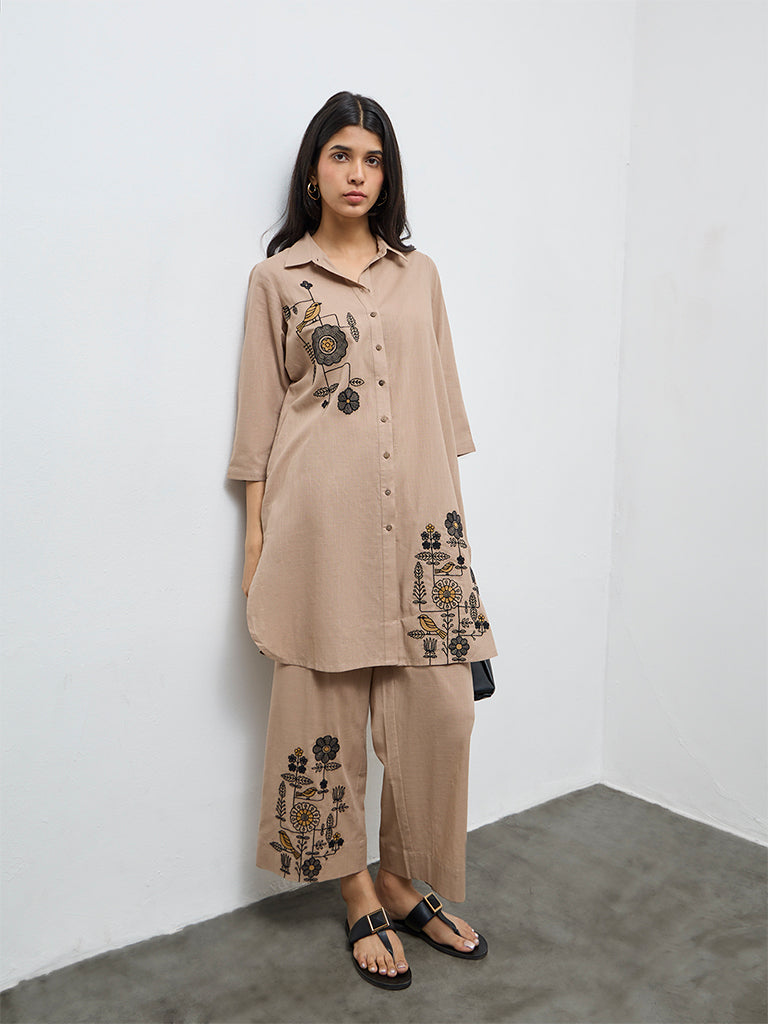 Utsa Taupe Embroidered A-Line Cotton Kurta