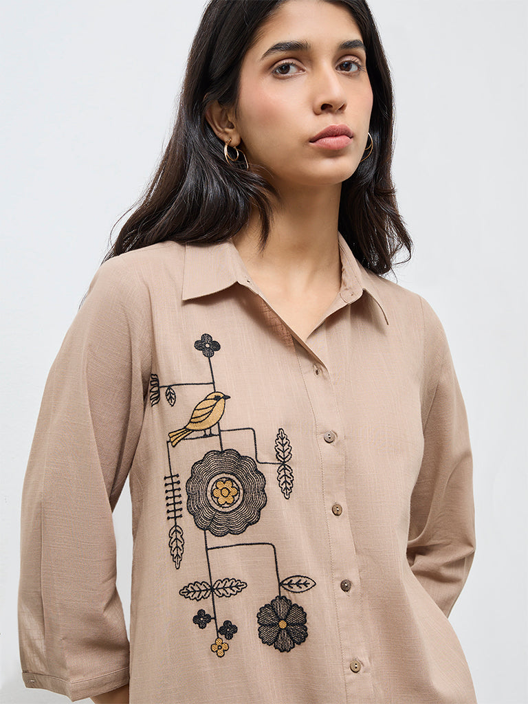 Utsa Taupe Embroidered A-Line Cotton Kurta