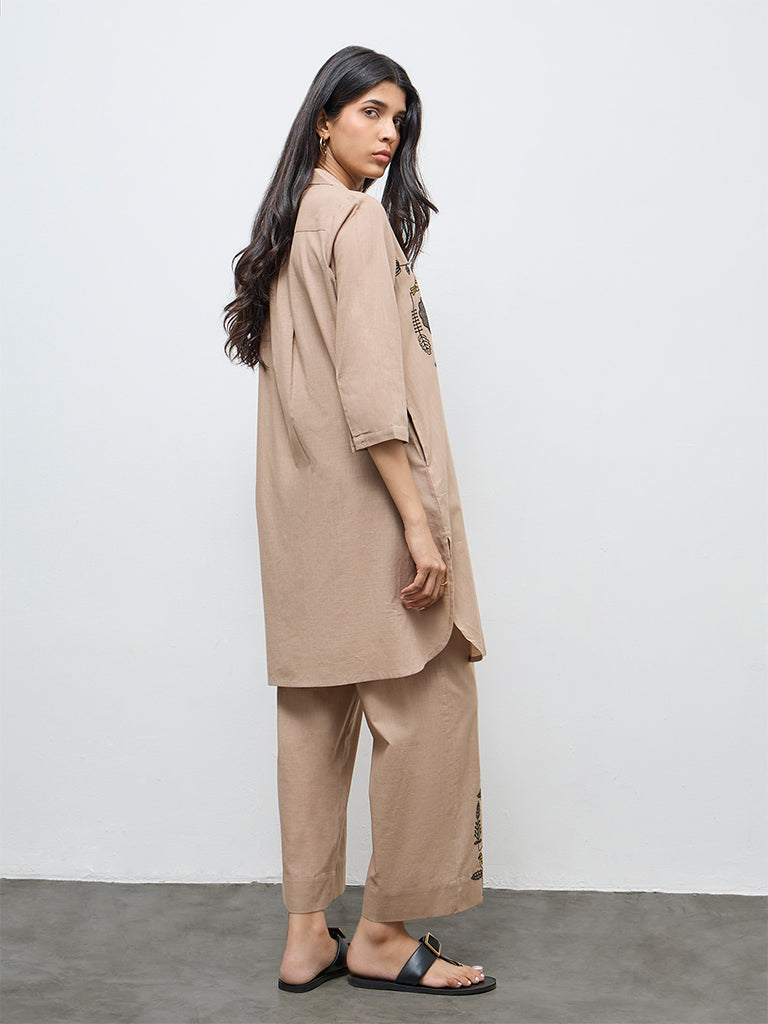 Utsa Taupe Embroidered A-Line Cotton Kurta