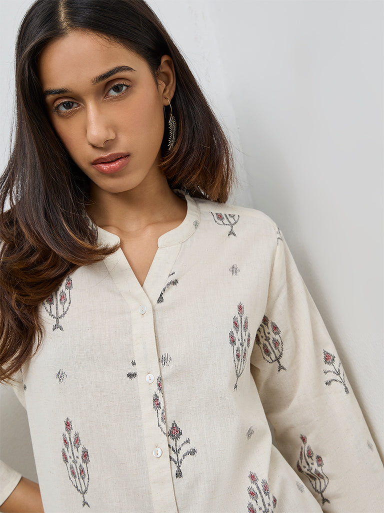 Utsa Off-White Ikat Cotton-Blend A-Line Kurta