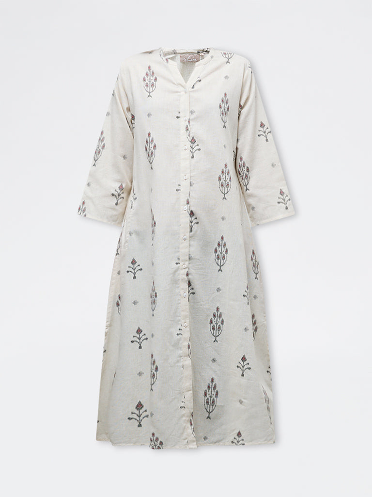 Utsa Off-White Ikat Cotton-Blend A-Line Kurta