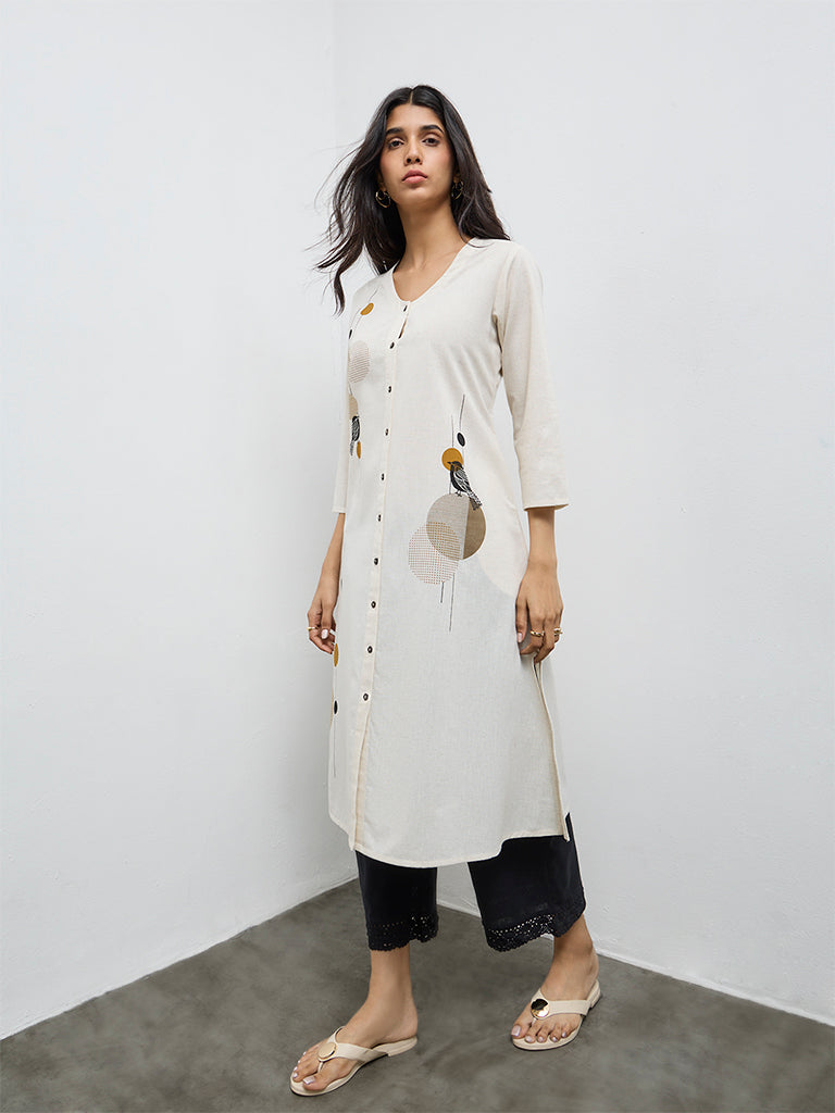 Utsa Off-White Bird Print Cotton-Blend A-Line Kurta