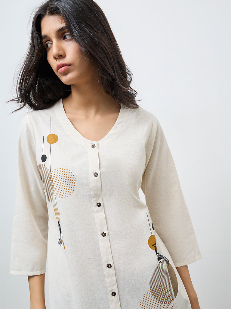 Utsa Off-White Bird Print Cotton-Blend A-Line Kurta