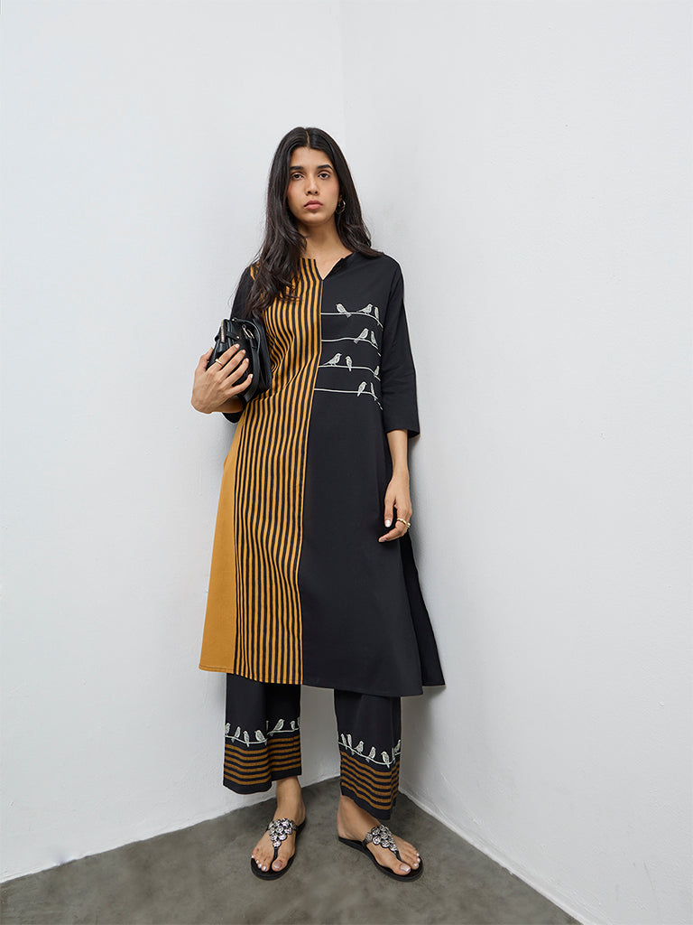 Utsa Black Colour-Block Cotton-Blend A-Line Kurta