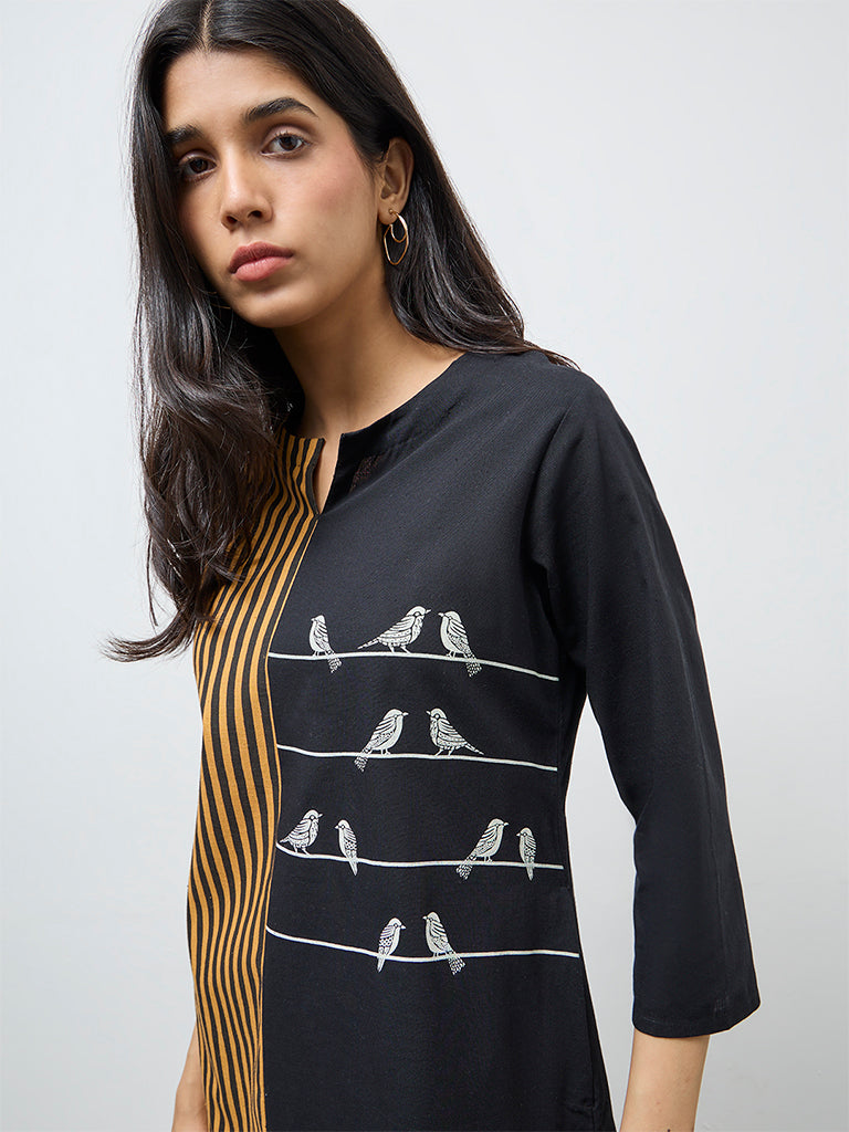 Utsa Black Colour-Block Cotton-Blend A-Line Kurta