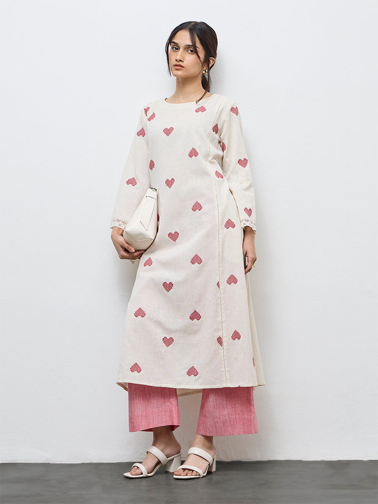 Utsa Off-White Embroidered Cotton-Blend A-Line Kurta