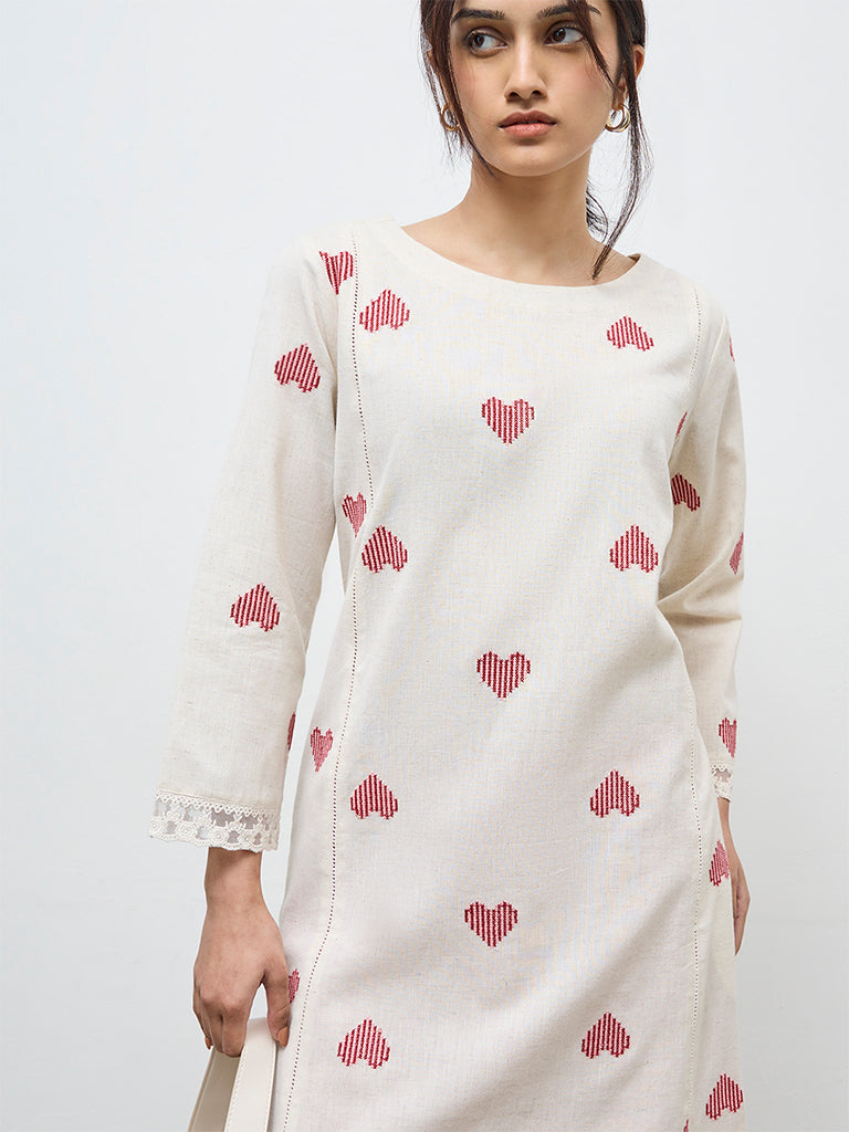 Utsa Off-White Embroidered Cotton-Blend A-Line Kurta