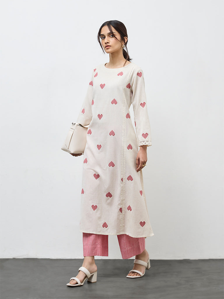 Utsa Off-White Embroidered Cotton-Blend A-Line Kurta