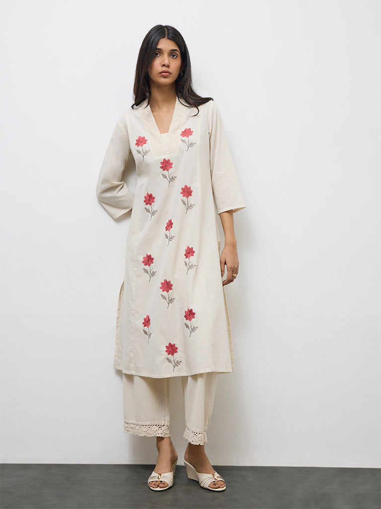 Utsa Beige Floral Embroidered Cotton-Blend A-Line Kurta