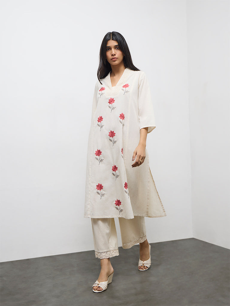 Utsa Beige Floral Embroidered Cotton-Blend A-Line Kurta