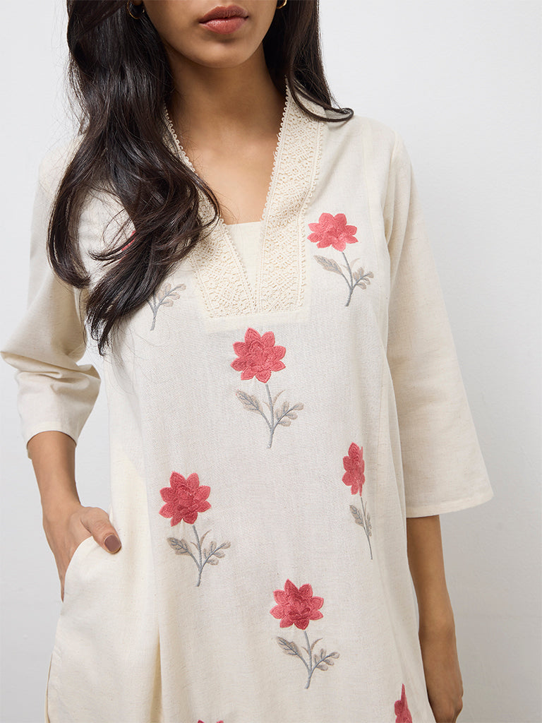 Utsa Beige Floral Embroidered Cotton-Blend A-Line Kurta