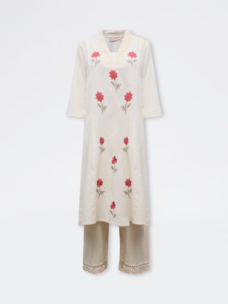 Utsa Beige Floral Embroidered Cotton-Blend A-Line Kurta