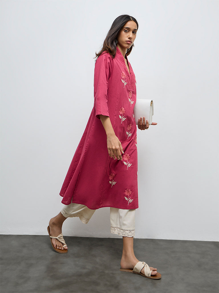 Utsa Magenta Floral Embroidered Cotton-Blend A-Line Kurta