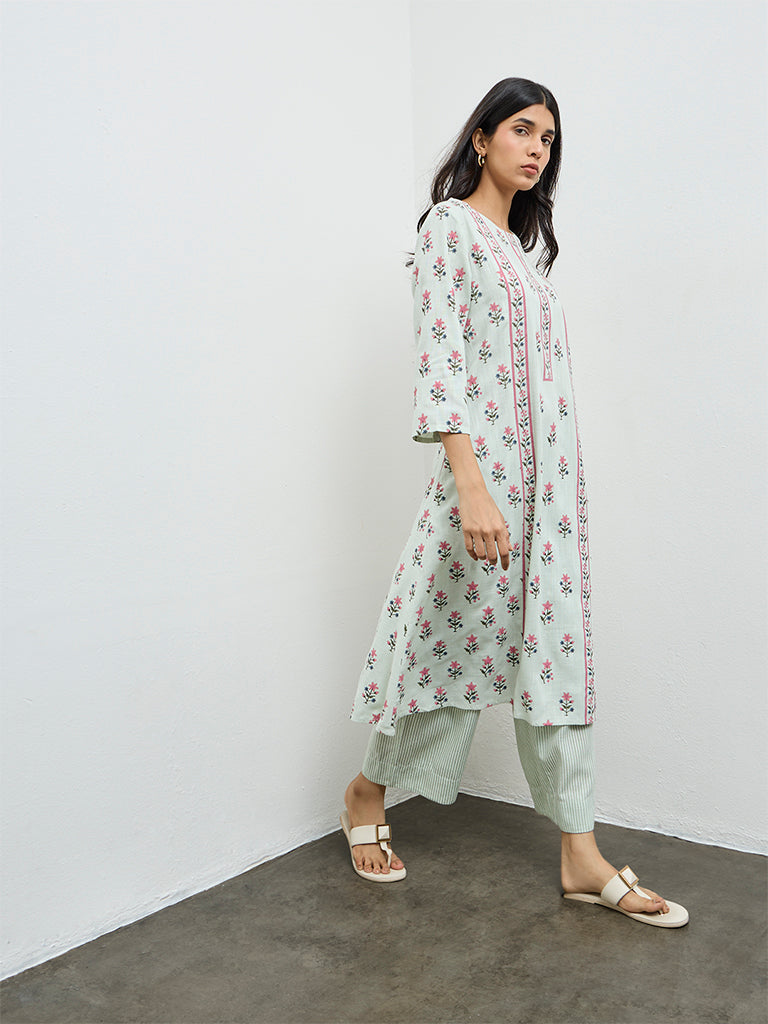 Utsa Aqua Floral A-Line Kurta