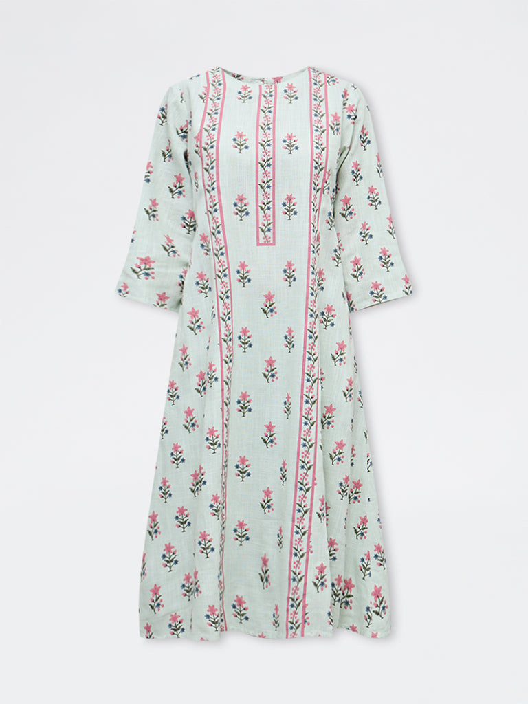 Utsa Aqua Floral A-Line Kurta