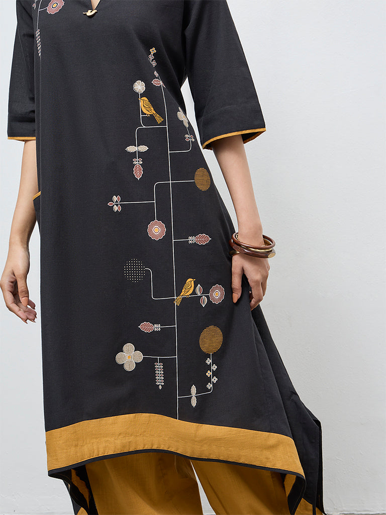 Utsa Black Foliage Printed Cotton A-Line Kurta