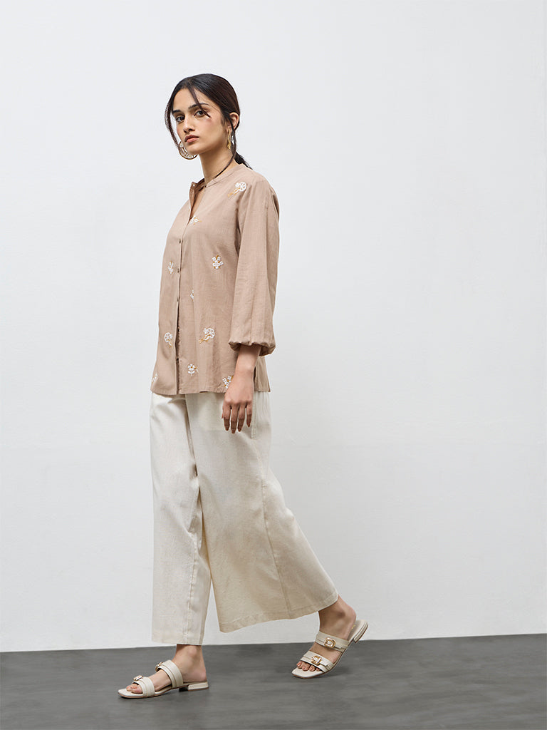 Utsa Beige Floral Embroidered Cotton Tunic