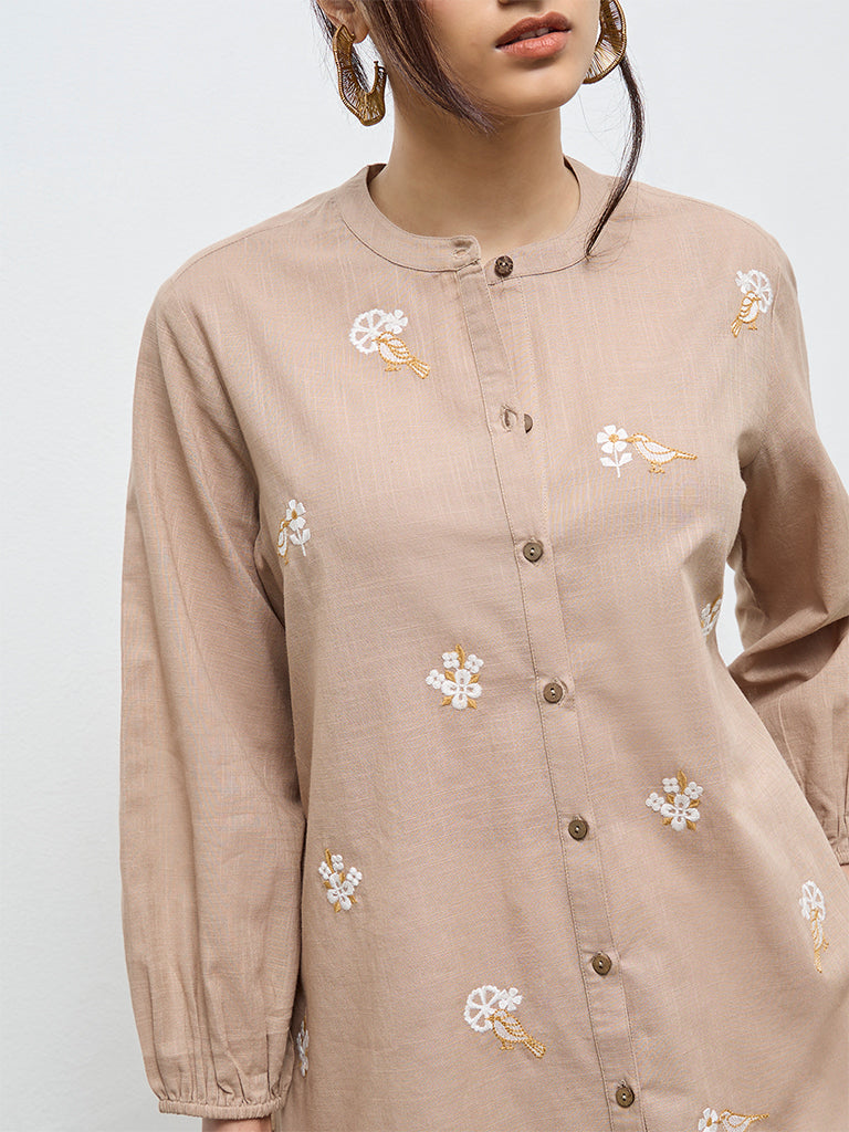 Utsa Beige Floral Embroidered Cotton Tunic