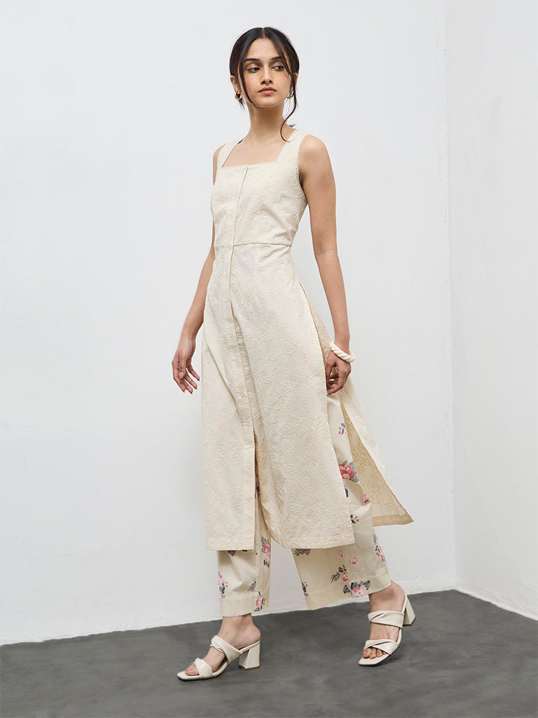 Utsa Cream Floral Embroidered A-Line Cotton Kurta