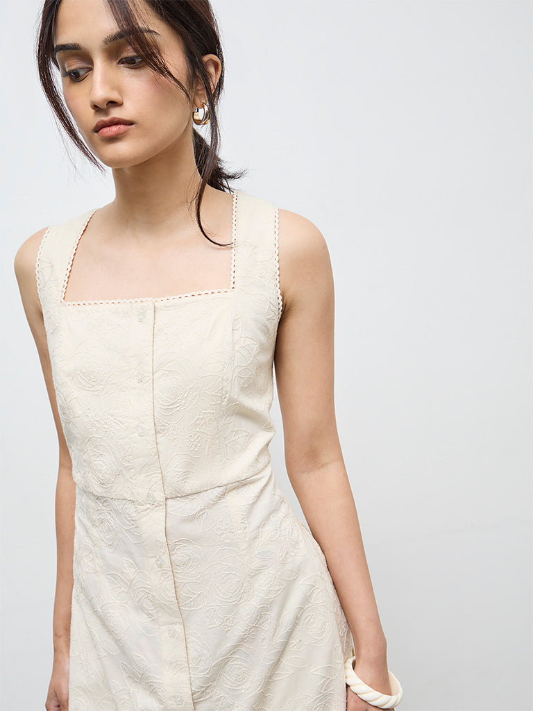 Utsa Cream Floral Embroidered A-Line Cotton Kurta