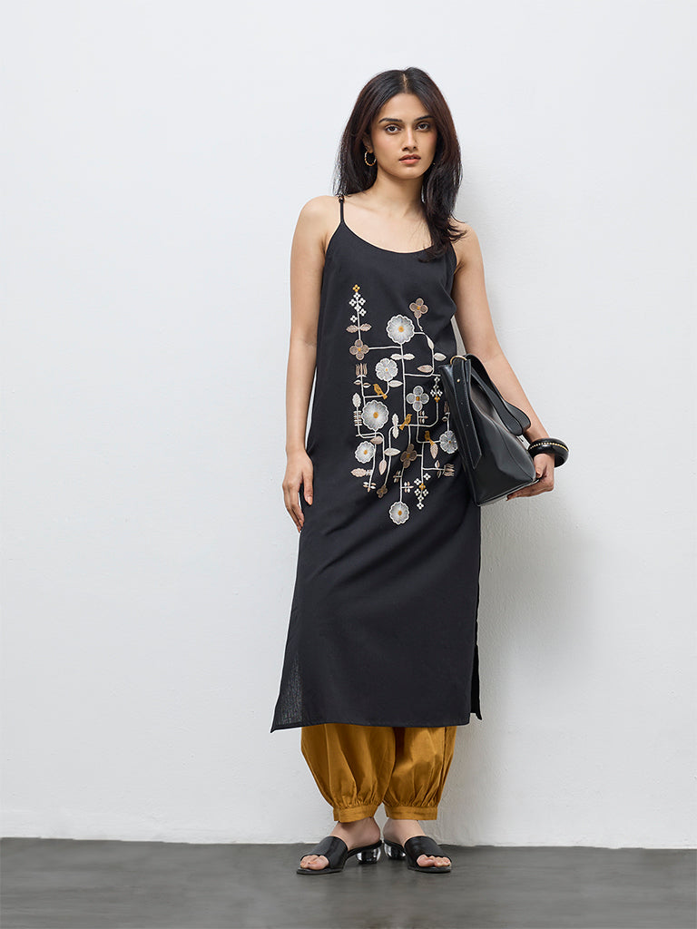 Utsa Black Floral Embroidered Cotton-Blend A-Line Kurta