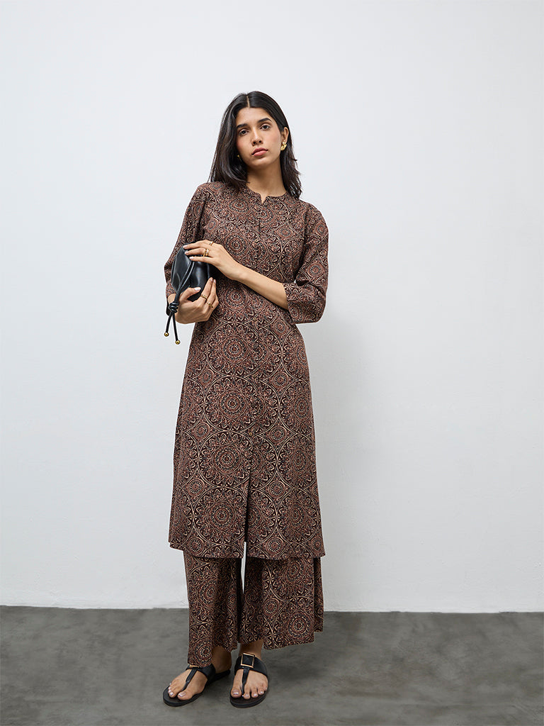 Utsa Dark Brown Printed Palazzos