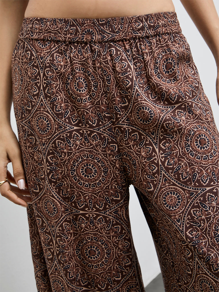 Utsa Dark Brown Printed Palazzos