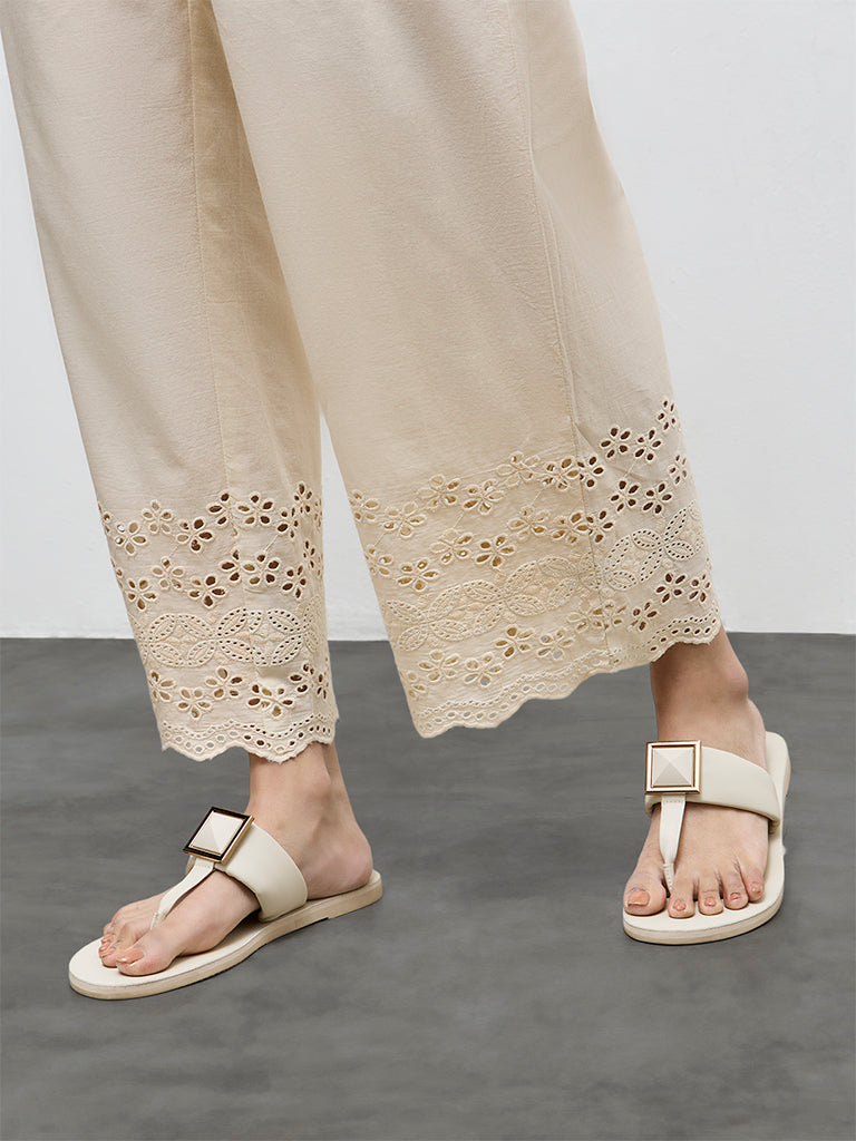 Utsa Beige Schiffli Embroidered Ethnic Cotton Pants