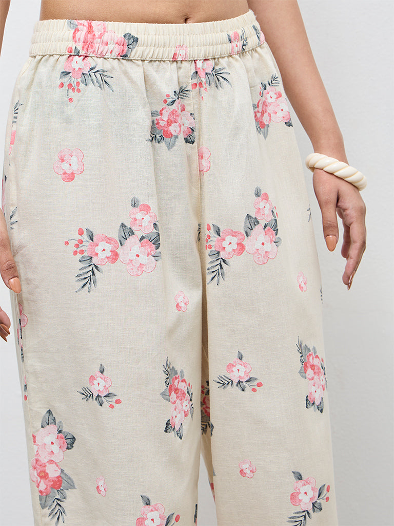 Utsa Cream Floral Design Cotton-Blend Pants