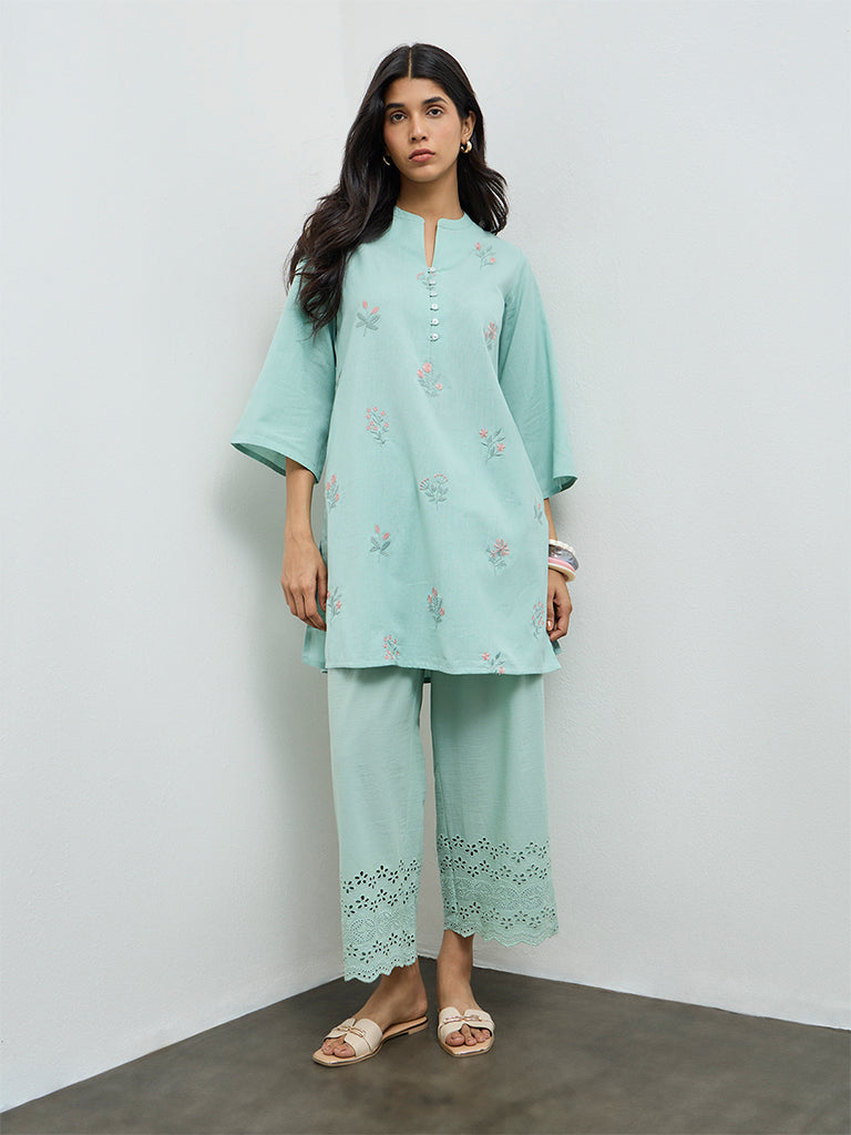 Utsa Aqua Schiffli Embroidered Cotton-Blend Pants