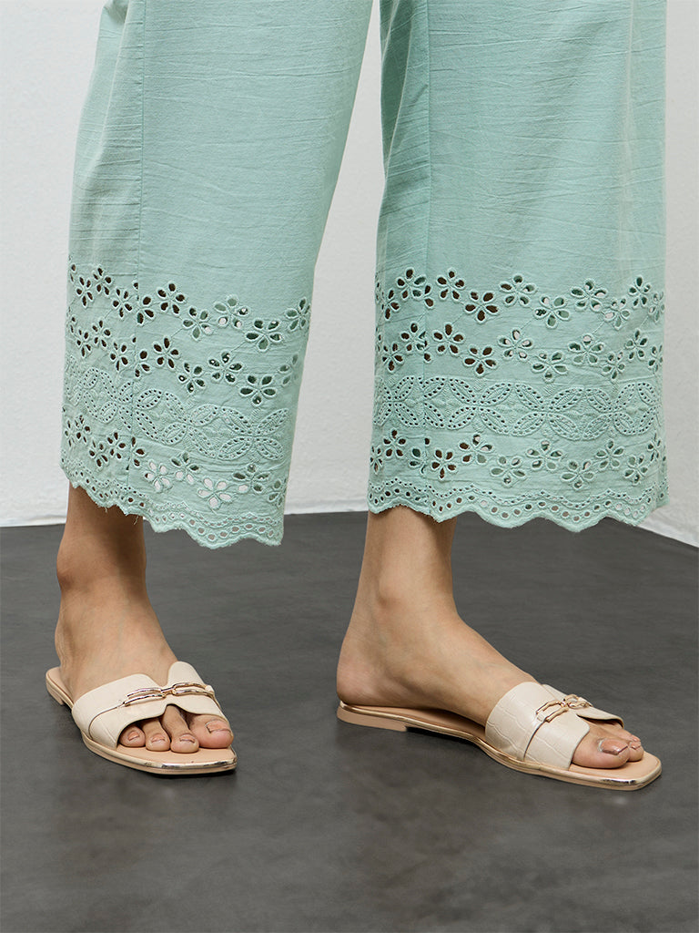 Utsa Aqua Schiffli Embroidered Cotton-Blend Pants