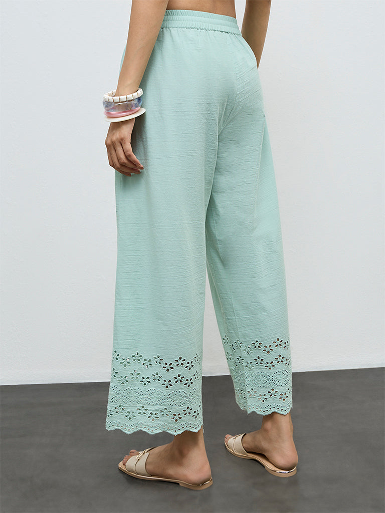 Utsa Aqua Schiffli Embroidered Cotton-Blend Pants