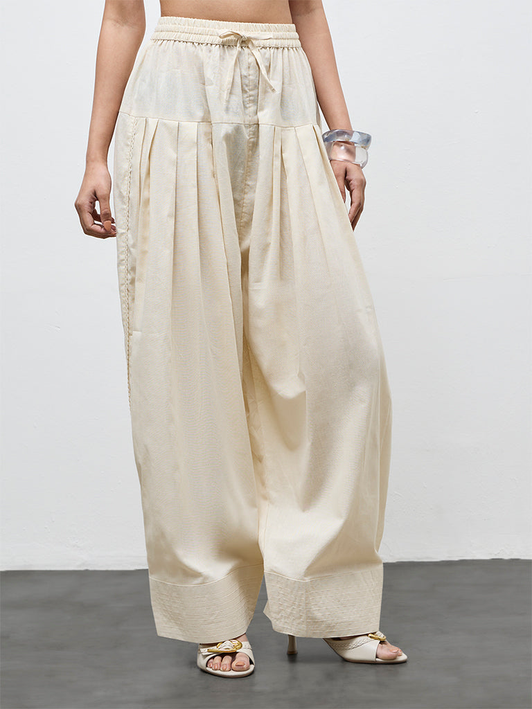 Utsa Off-White Solid Cotton Farshi  Pants