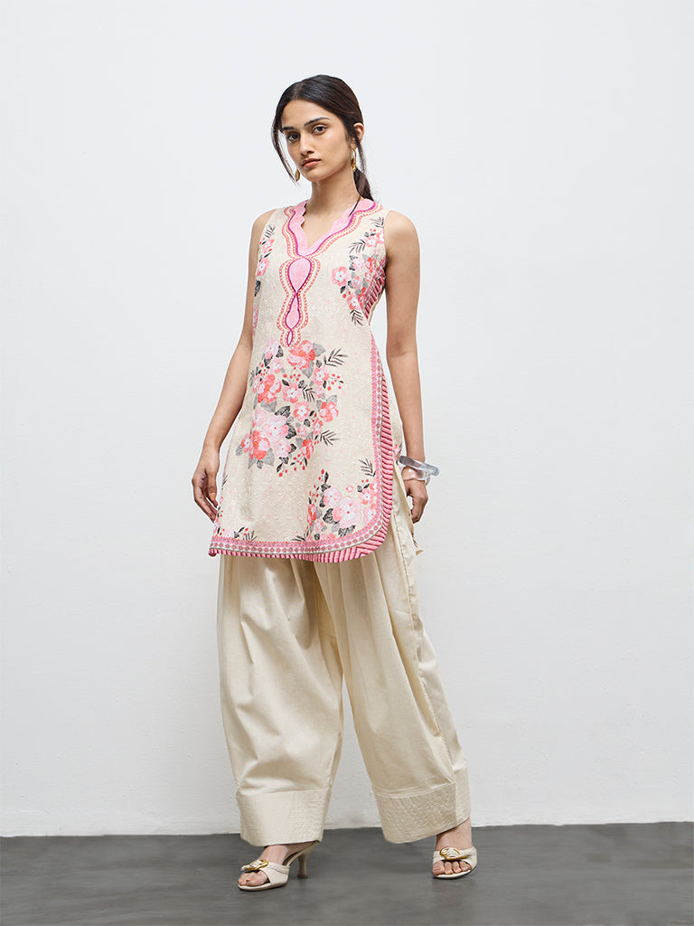 Utsa Off-White Solid Cotton Farshi  Pants