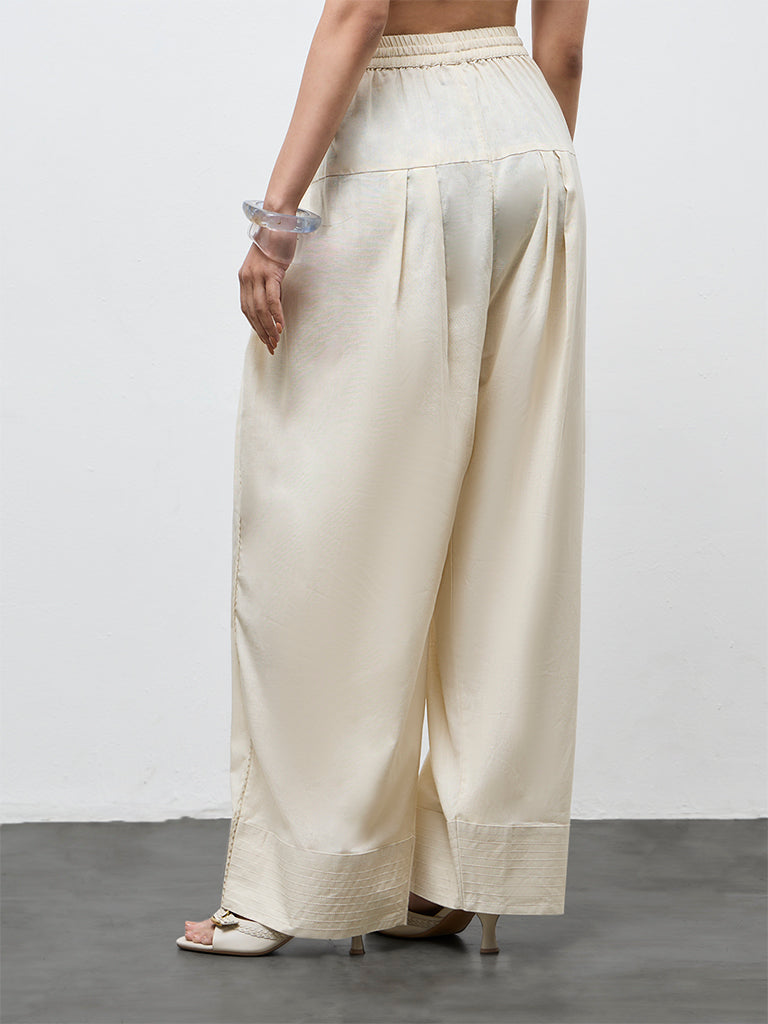 Utsa Off-White Solid Cotton Farshi  Pants