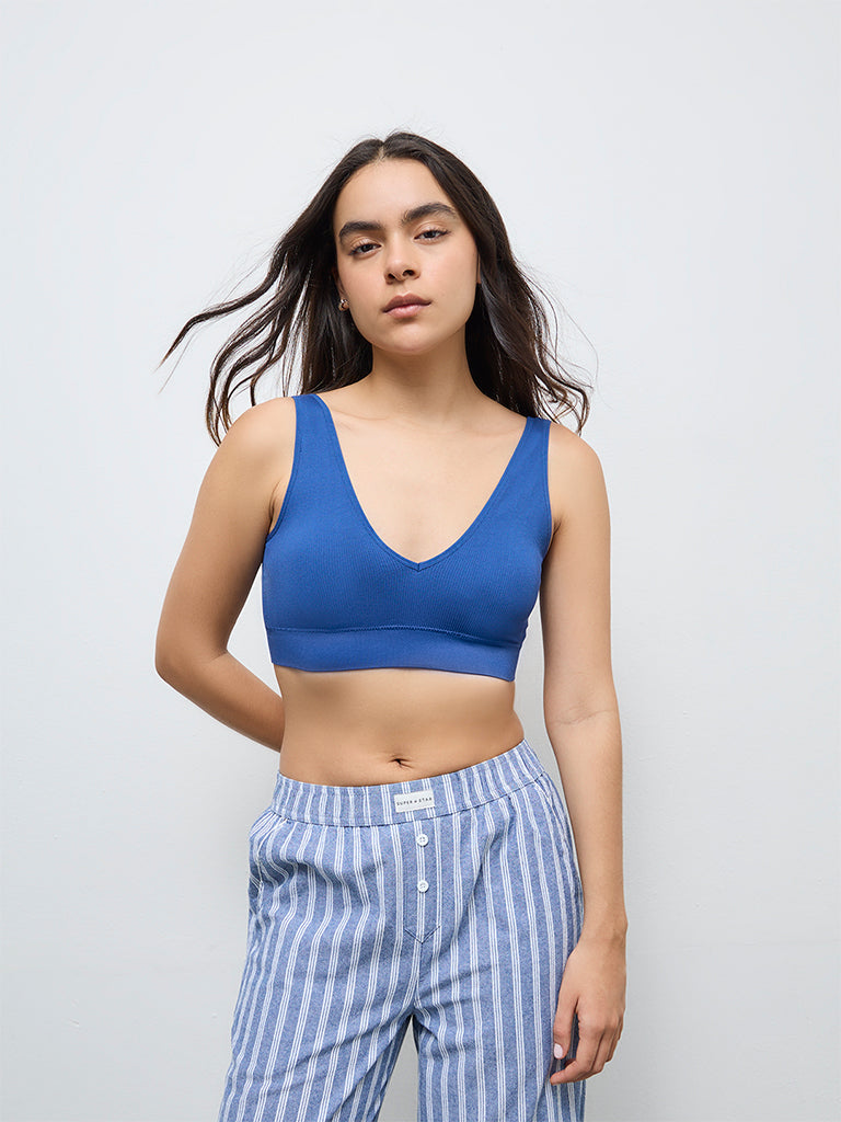 Superstar Navy Ribbed Padded Bra