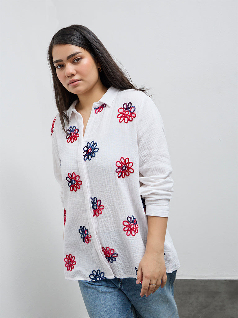 Gia White Floral Embroidered Cotton Shirt