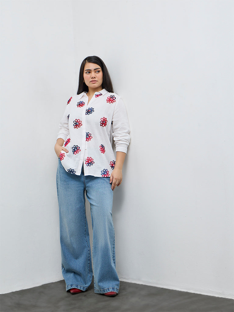 Gia White Floral Embroidered Cotton Shirt