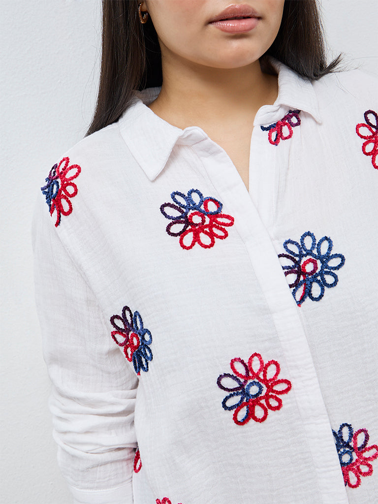 Gia White Floral Embroidered Cotton Shirt