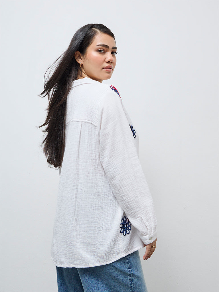 Gia White Floral Embroidered Cotton Shirt