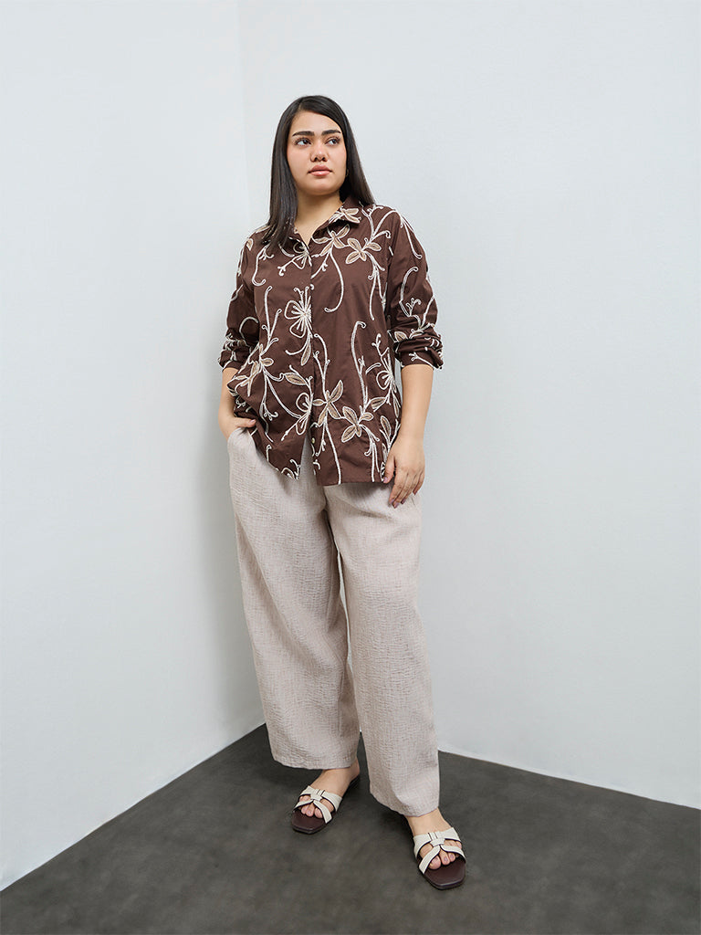 Gia Dark Brown Floral Embroidered Cotton Shirt