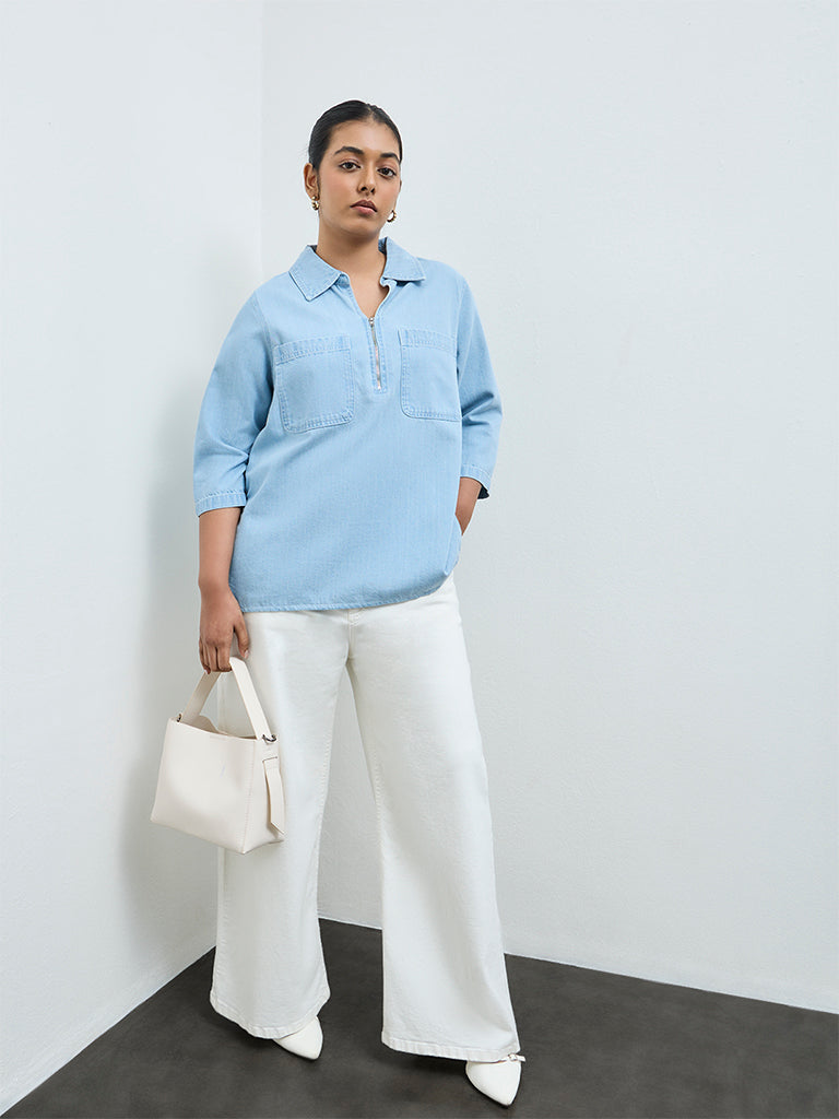 Gia Light Blue Cotton-Blend Top