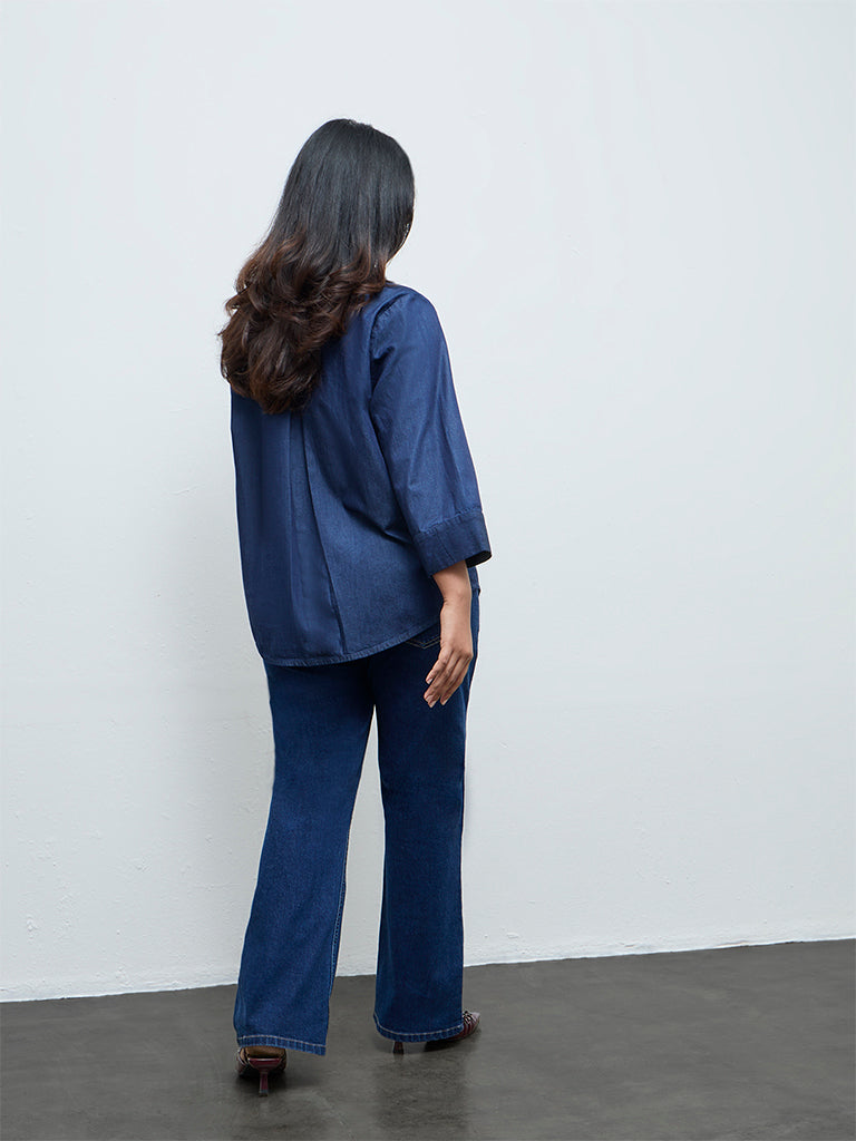 Gia Navy Floral Embellished Denim Shirt