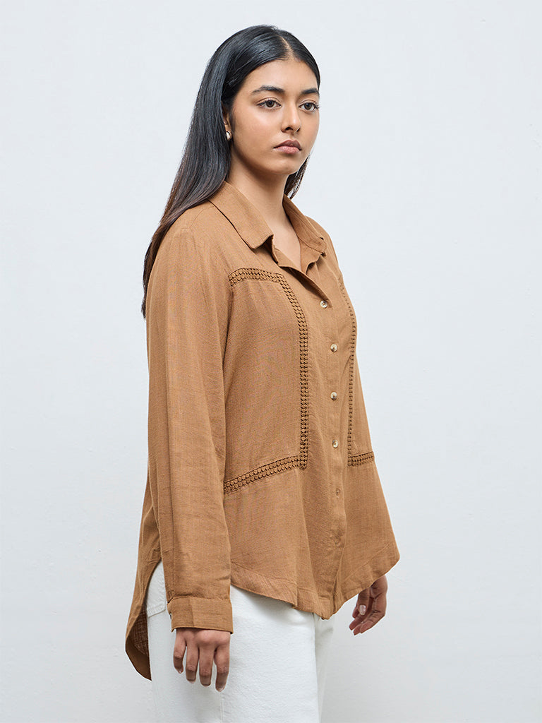 Gia Dark Taupe Embroidered High-Low Blouse