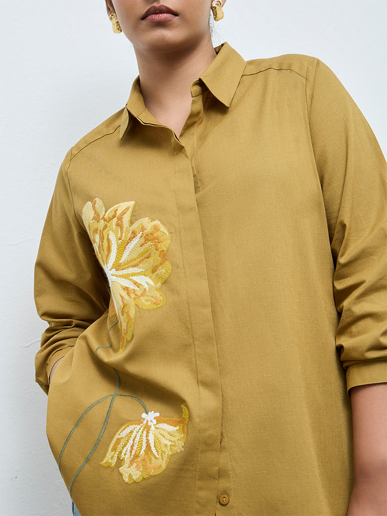 Gia Mustared Floral Embroidered Cotton-Blend Shirt